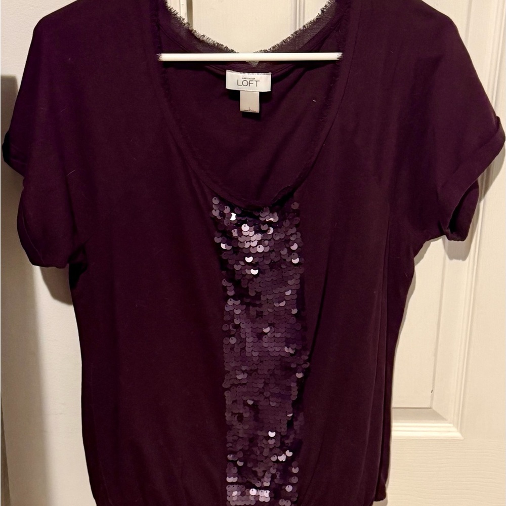 LOFT Deep Grey Sequin Short Sleeve Top